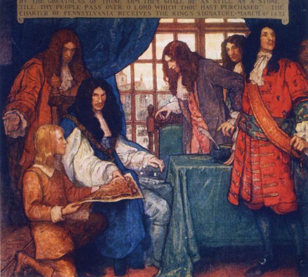A colorful painting of King Charles II, seated at a table, being handed an ornate document by a young man who is on his knees. King Charles is surrounded by several other men in formal dress.